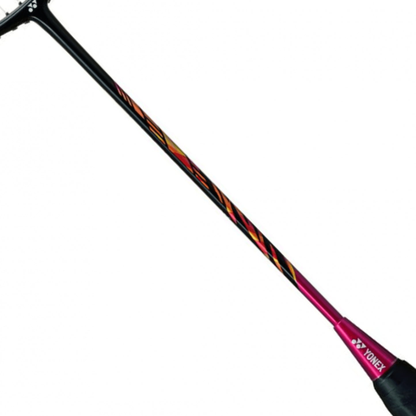 Badminton racket with black and pink design on a white background