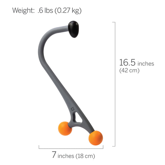 Gray tool with orange ends and measurements on a white background