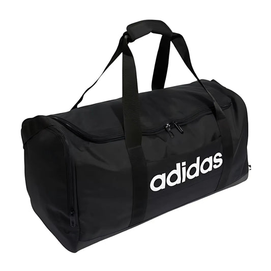 Black duffel bag with Adidas logo on a white background