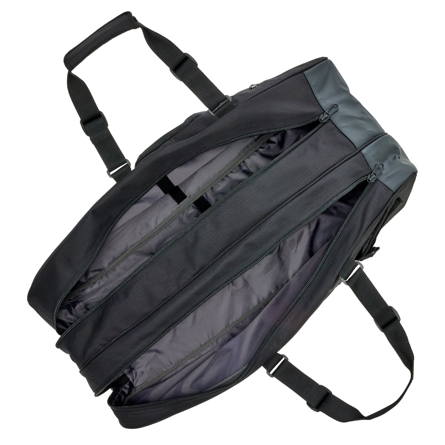 Black backpack with open compartment on a white background
