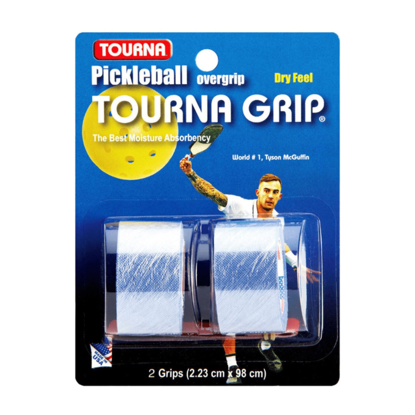 Packaging of Tourna pickleball overgrip with a player illustration on a blue background