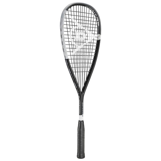 Black and silver squash racket on a white background