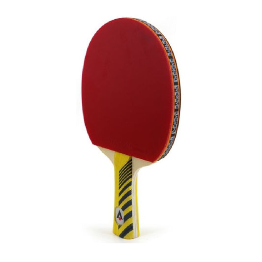 Red tabel tennis bat with a yellow handle on a white background