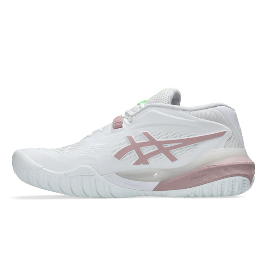 White Asics tennis shoe with pink accents on a white background