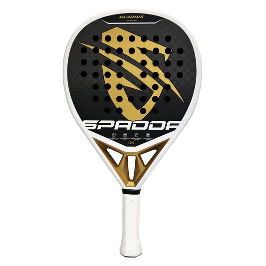 Spadda Paddel racket with black and gold design on a white background