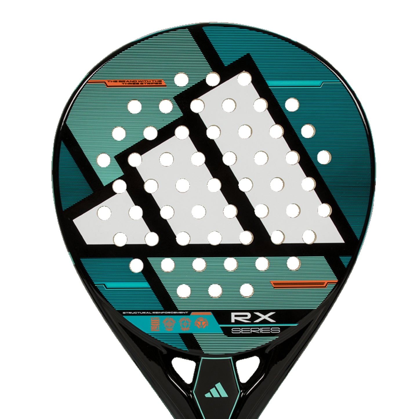 Green and white adidas padel racket with the wording RX series on a white background
