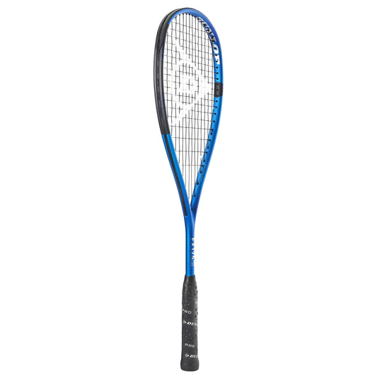 Blue and black squash racket on a white background