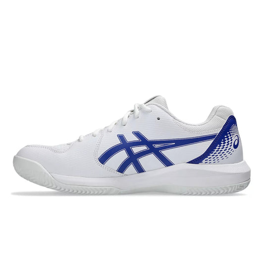 White padel shoe with blue accents on a white background