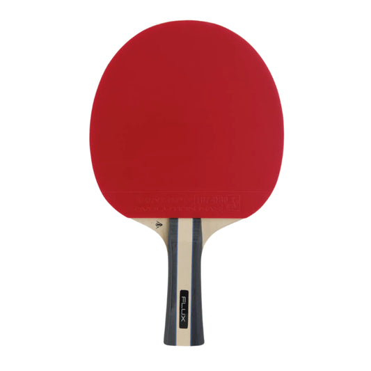 Table tennis bat, red on the top and black lines on either side with the word Flux on the handle