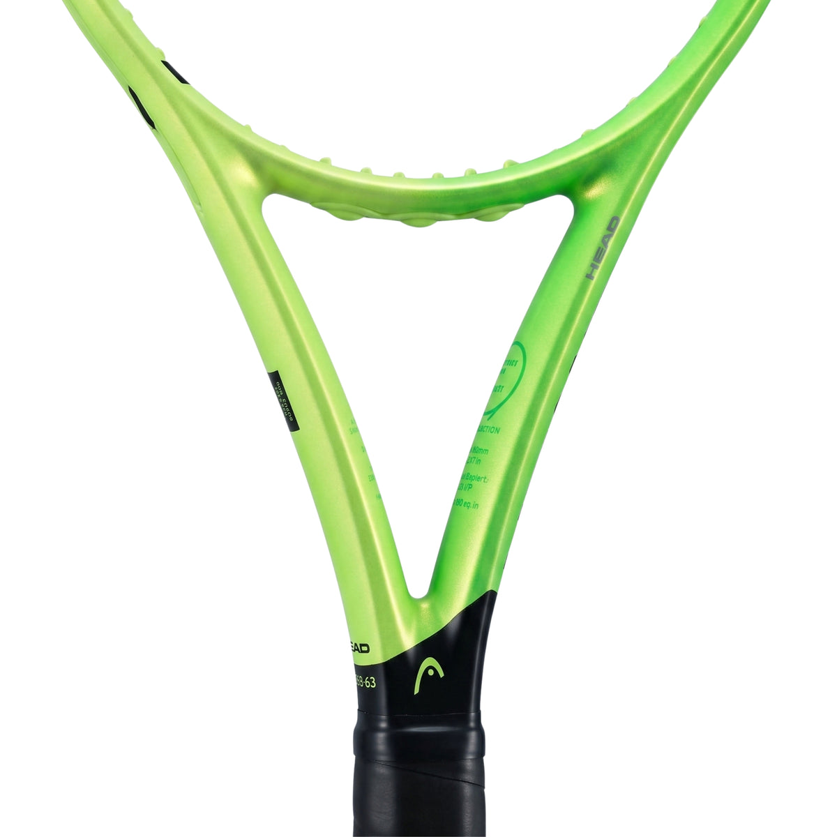 Close-up of a Head tennis racket frame in bright lime green with a black grip and a small green head logo, shown on a plain white background.