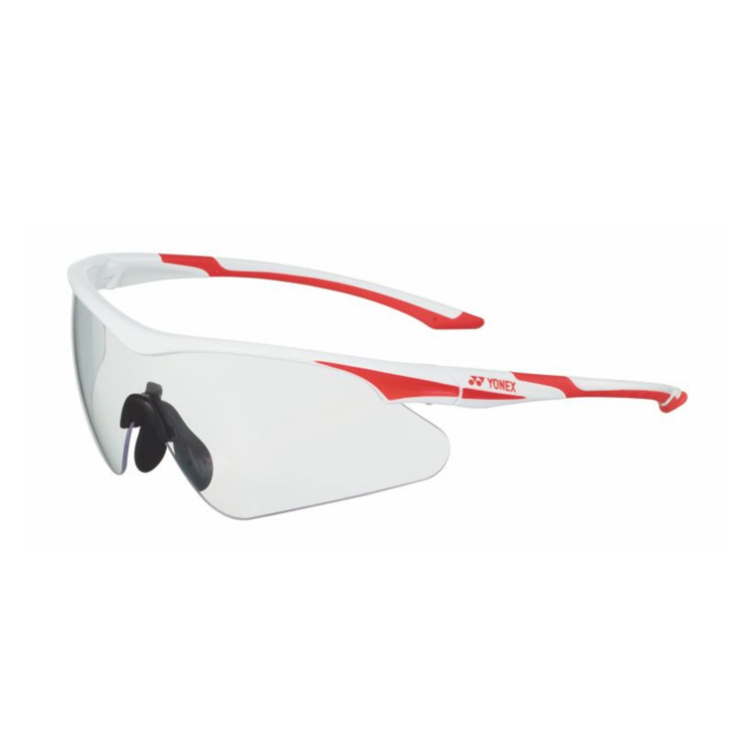 White and red eyeguards with a clear lens on a white background