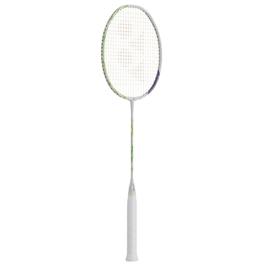 Badminton racket with a white handle and green and white frame on a white background