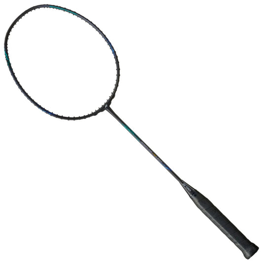 Black and blue badminton racket on a white background