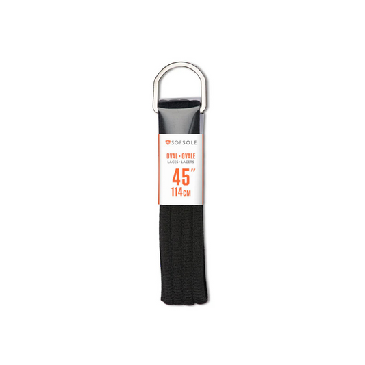 Black shoelace with a label on a white background