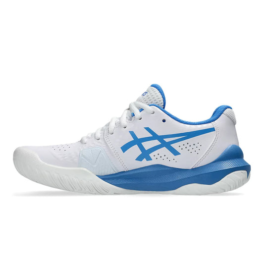 White and blue Asics tennis shoe on a white background