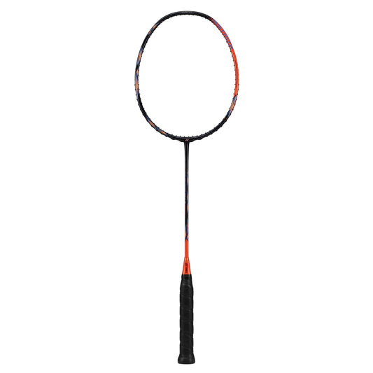 Black and orange badminton Yonex racket on a white background