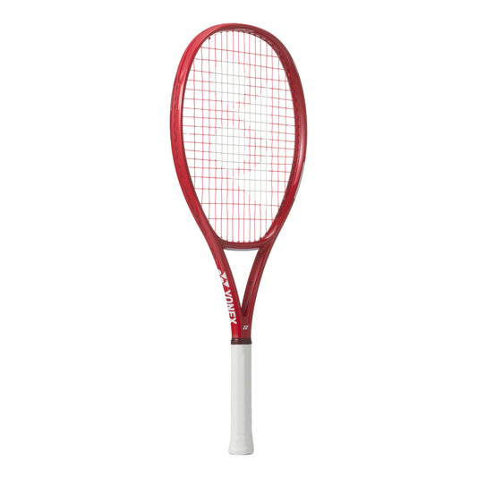 Red Yonex tennis racket on a white background