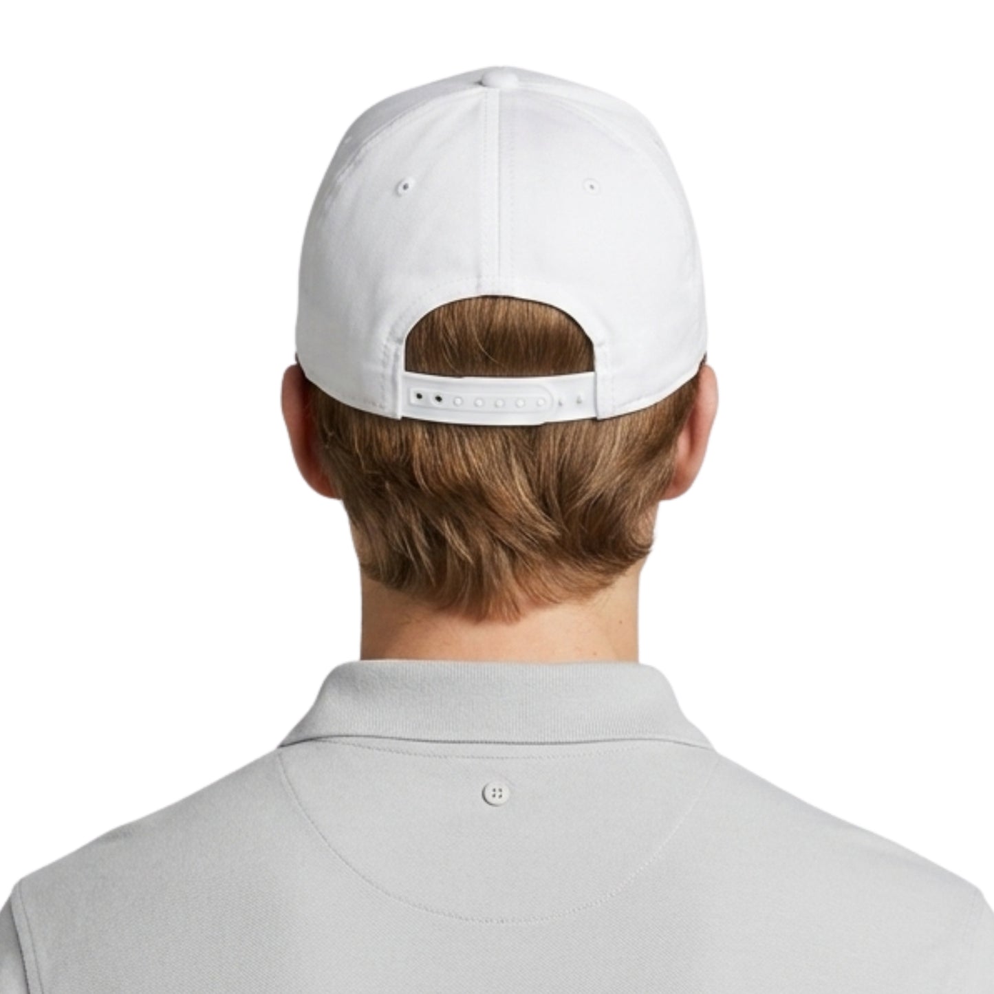 Back view of a man wearing a white ap on a white background