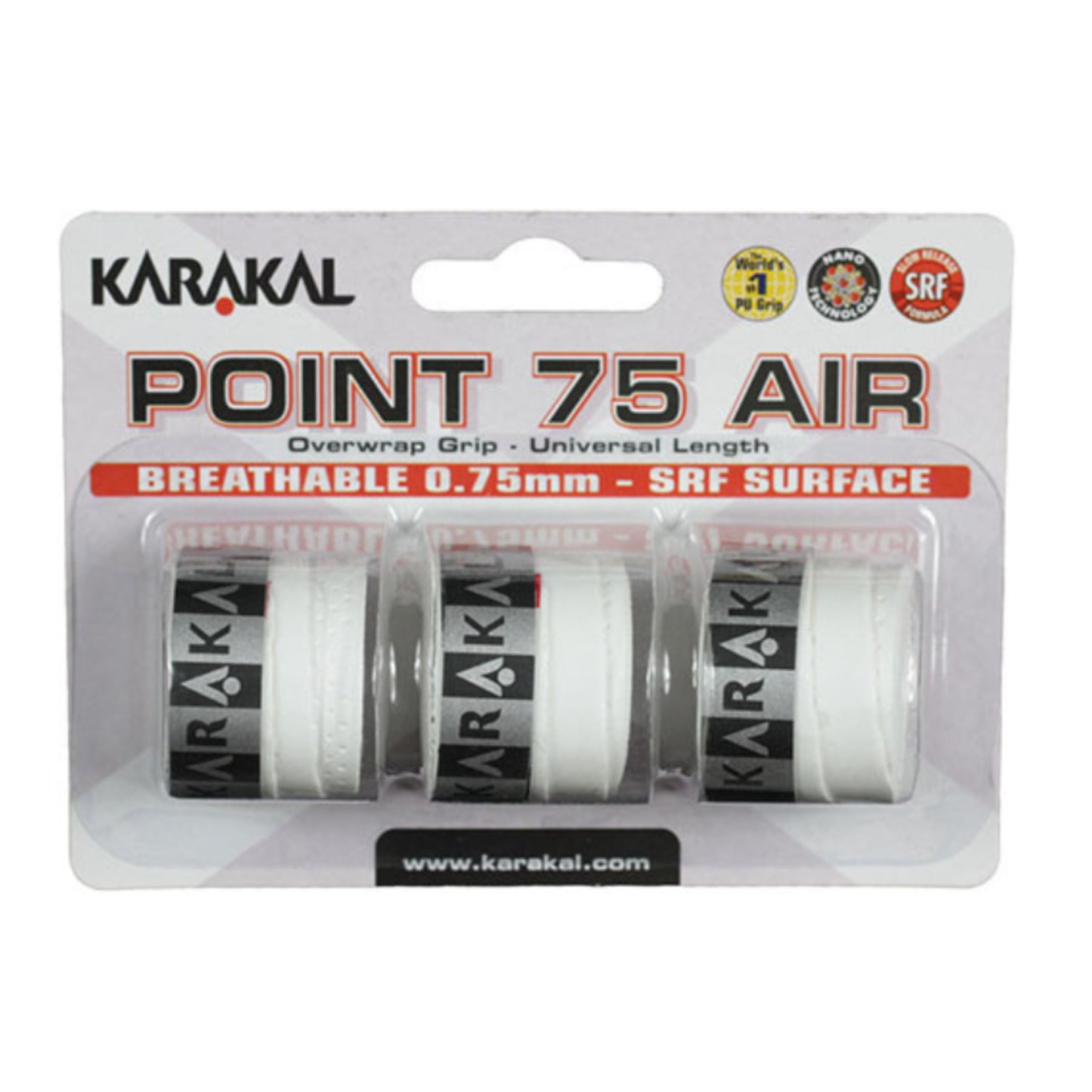 Karakal Point 75 Air overwrap grip packaging with three white grips inside.