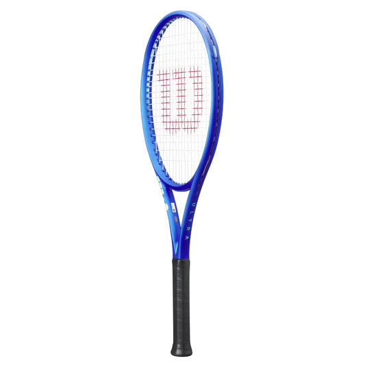 Blue tennis racket with a white strings pattern on a white background