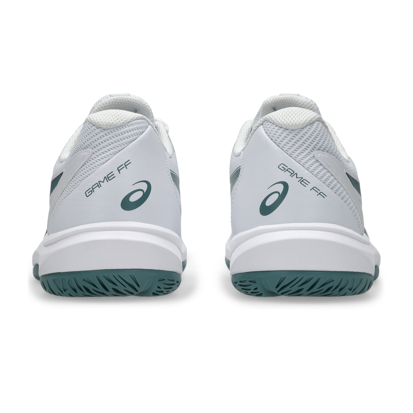 A pair of white Asics tennis shoes shown from the back, featuring dark green accents, the Asics logo, and 'GAME FF' text on a clean white background.