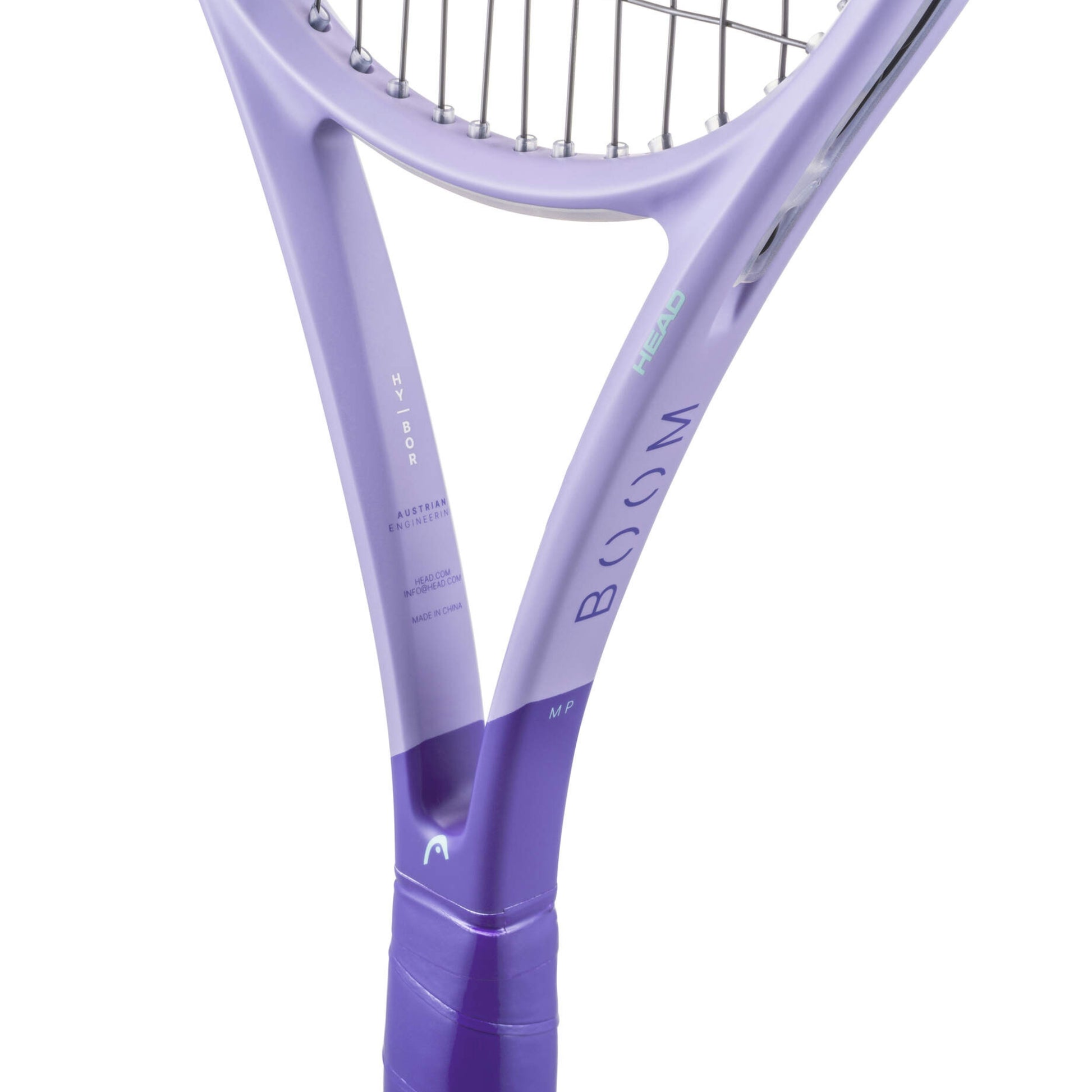 Purple tennis racket with 'BOOM' branding on a white background