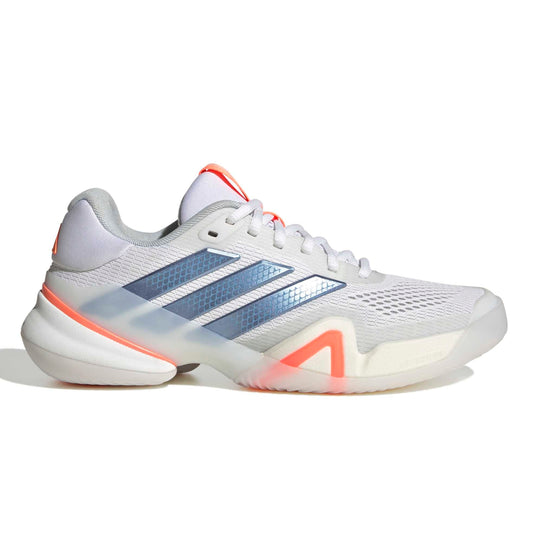 White Adidas tennis shoes with blue and orange accents on a white background