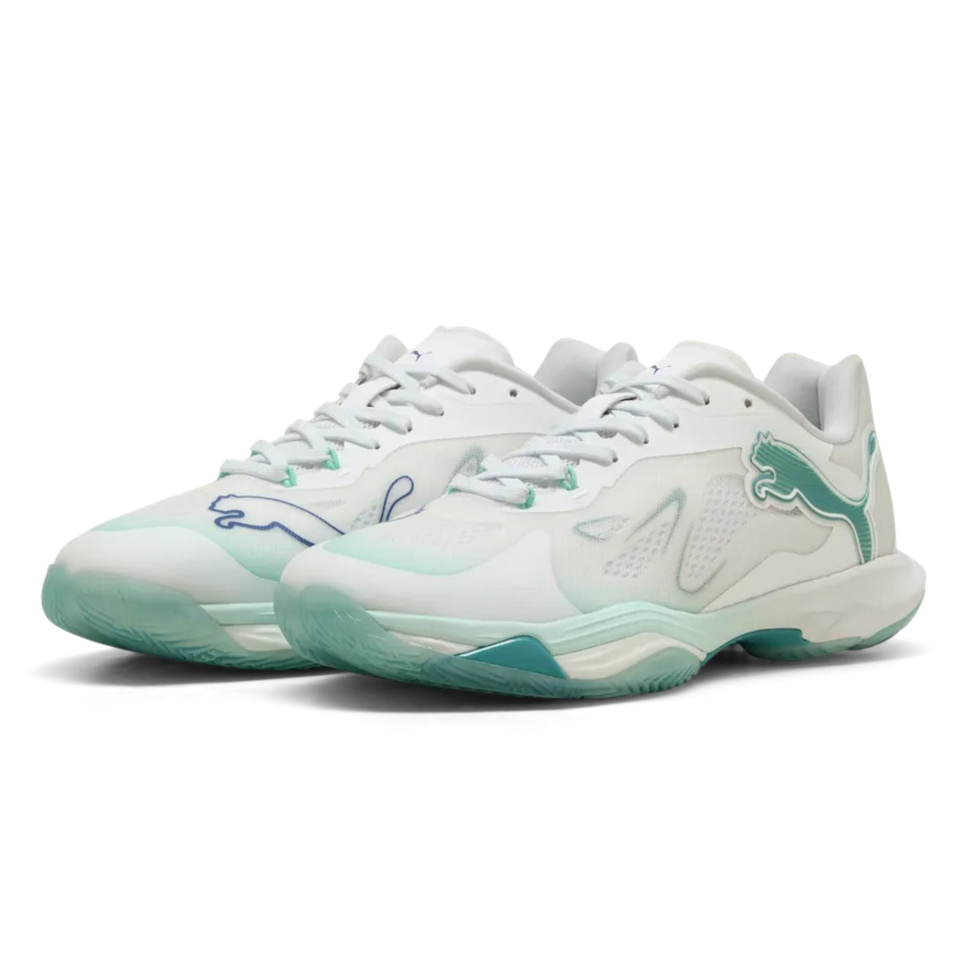 White and light blue netball shoes with a brand logo on a white background
