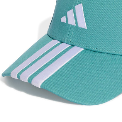 Teal cap with white stripes and Adidas logo on a white background