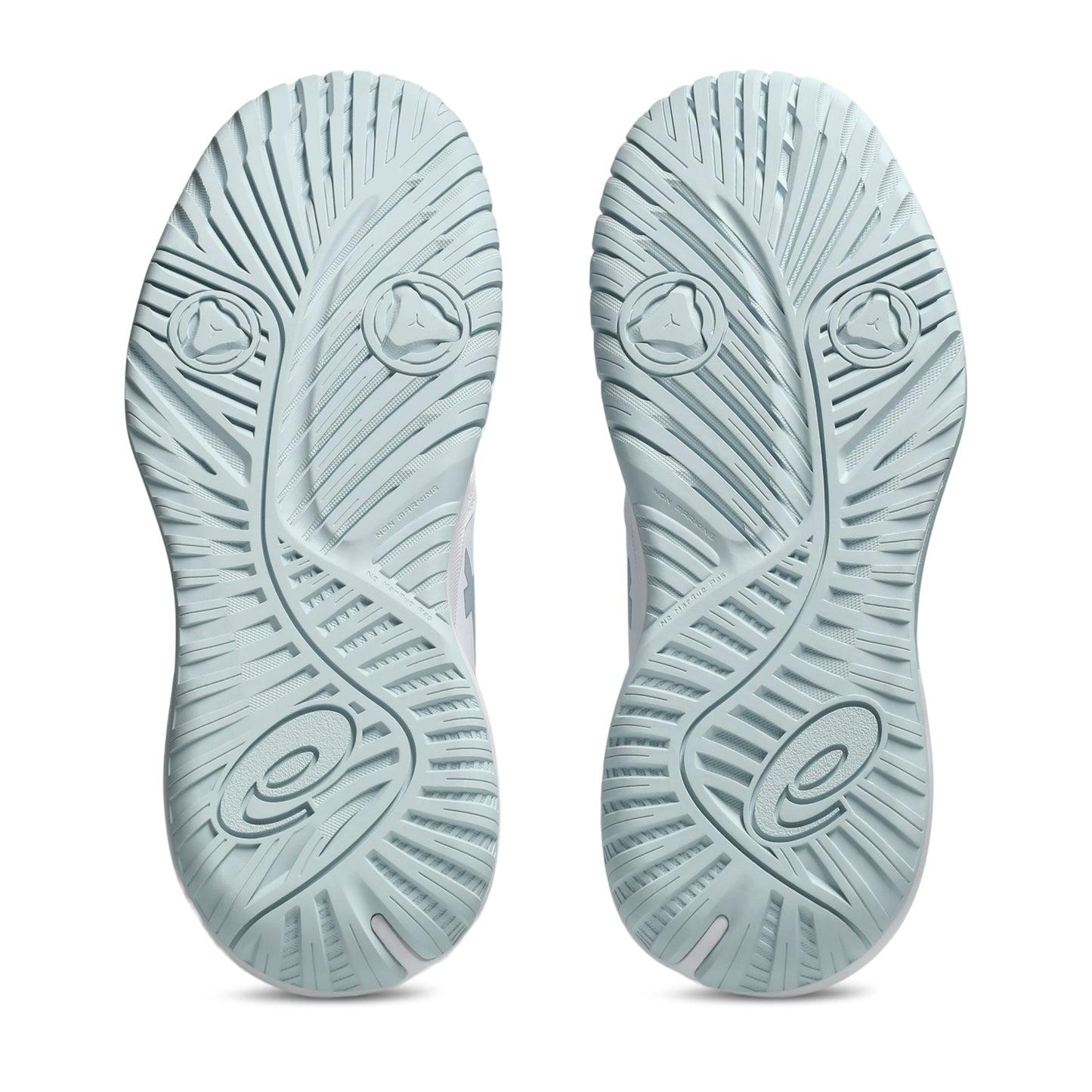 :ight blue Asics shoe sole on a white background