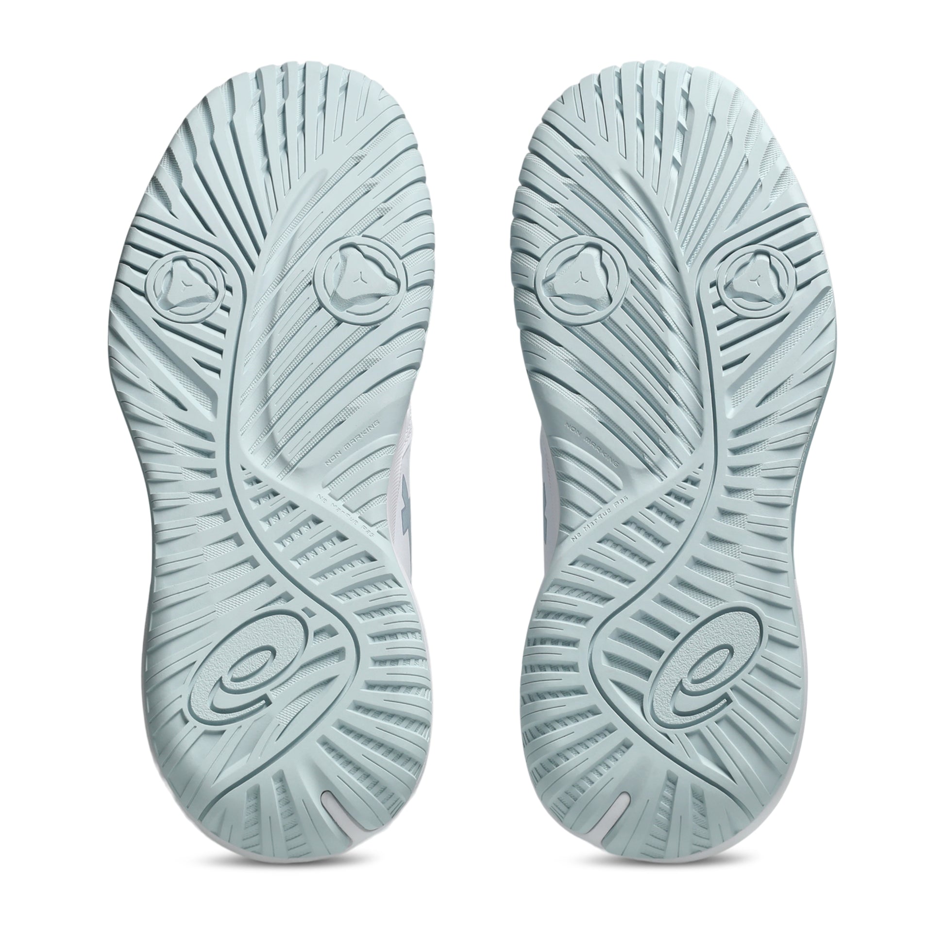 :ight blue Asics shoe sole on a white background