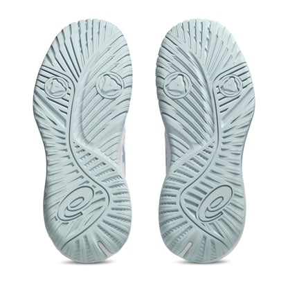 :ight blue Asics shoe sole on a white background