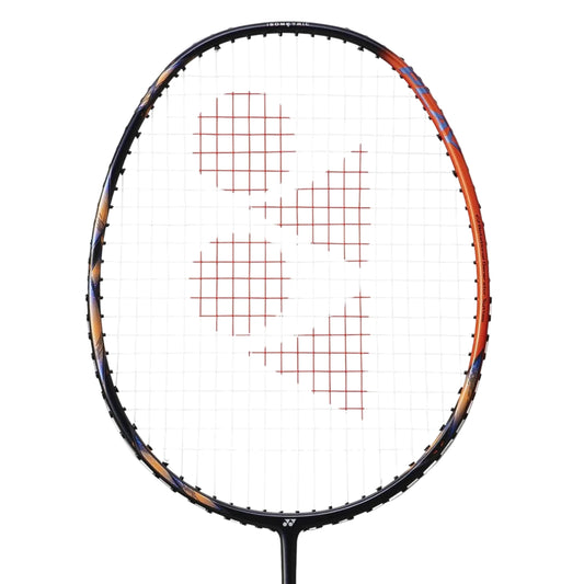 Orange Yonex badminton racket on a white background