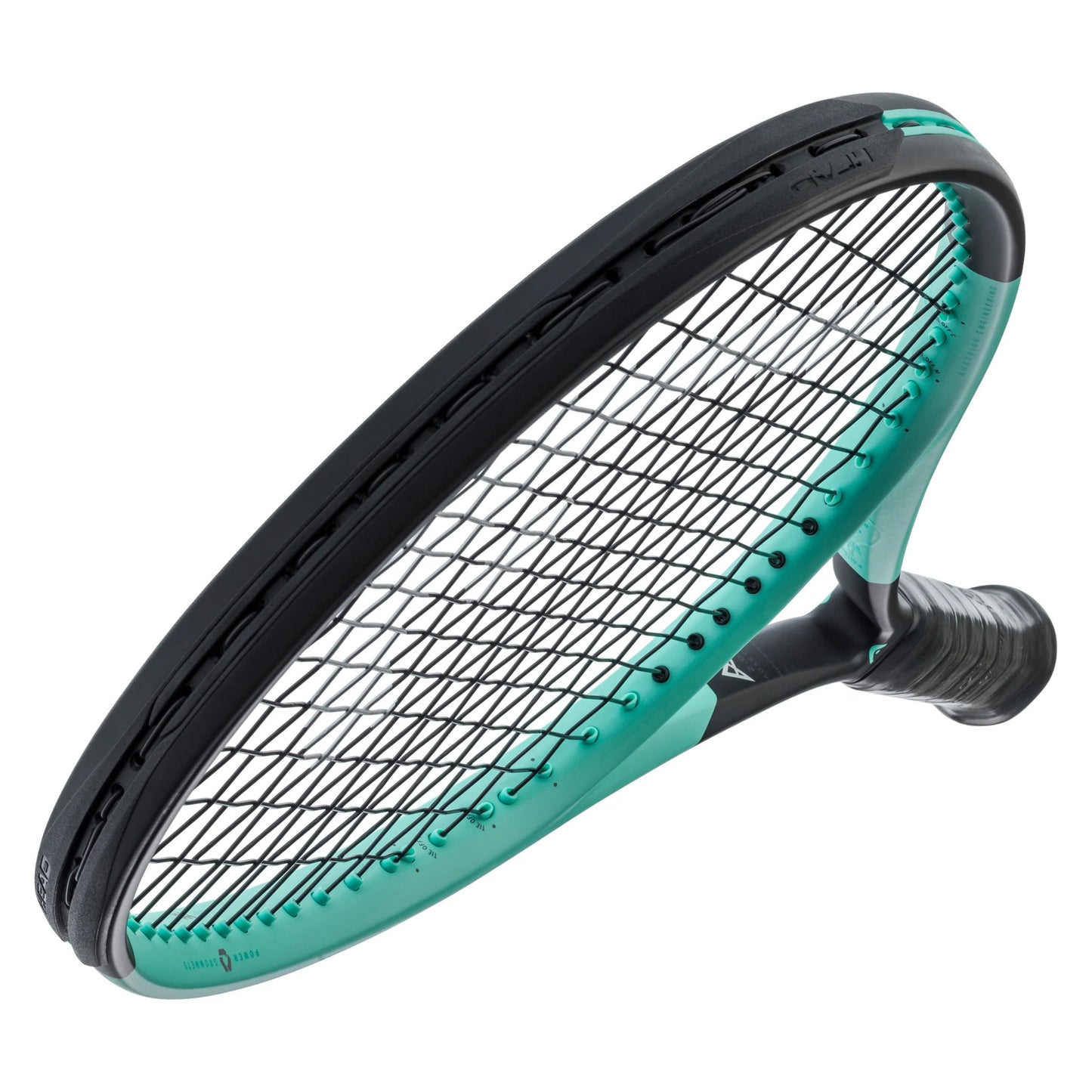 Teal and black Head tennis racket on a white background