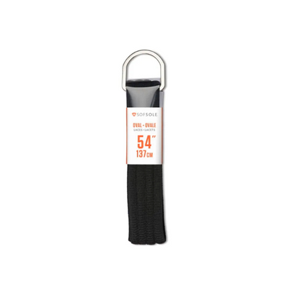 Black shoelace with a label on a white background