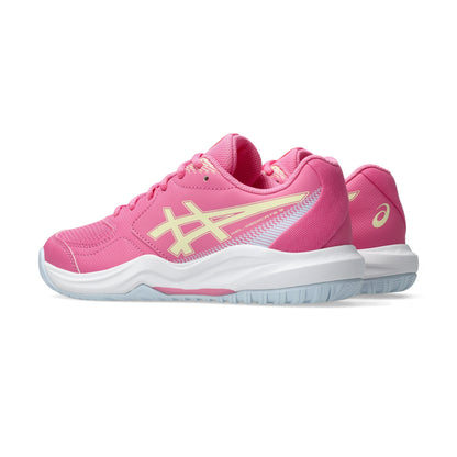 A pair of pink tennis shoess with light yellow Asics stripes and a white and light blue sole, shown on a clean white background.