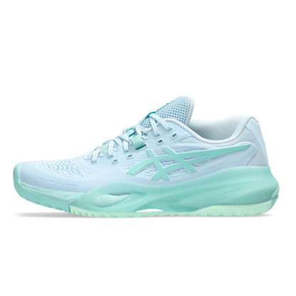 A light blue and mint green Asics tennis shoe shown from the side profile on a white background.