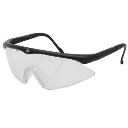Clear safety goggles with black frame on a white background