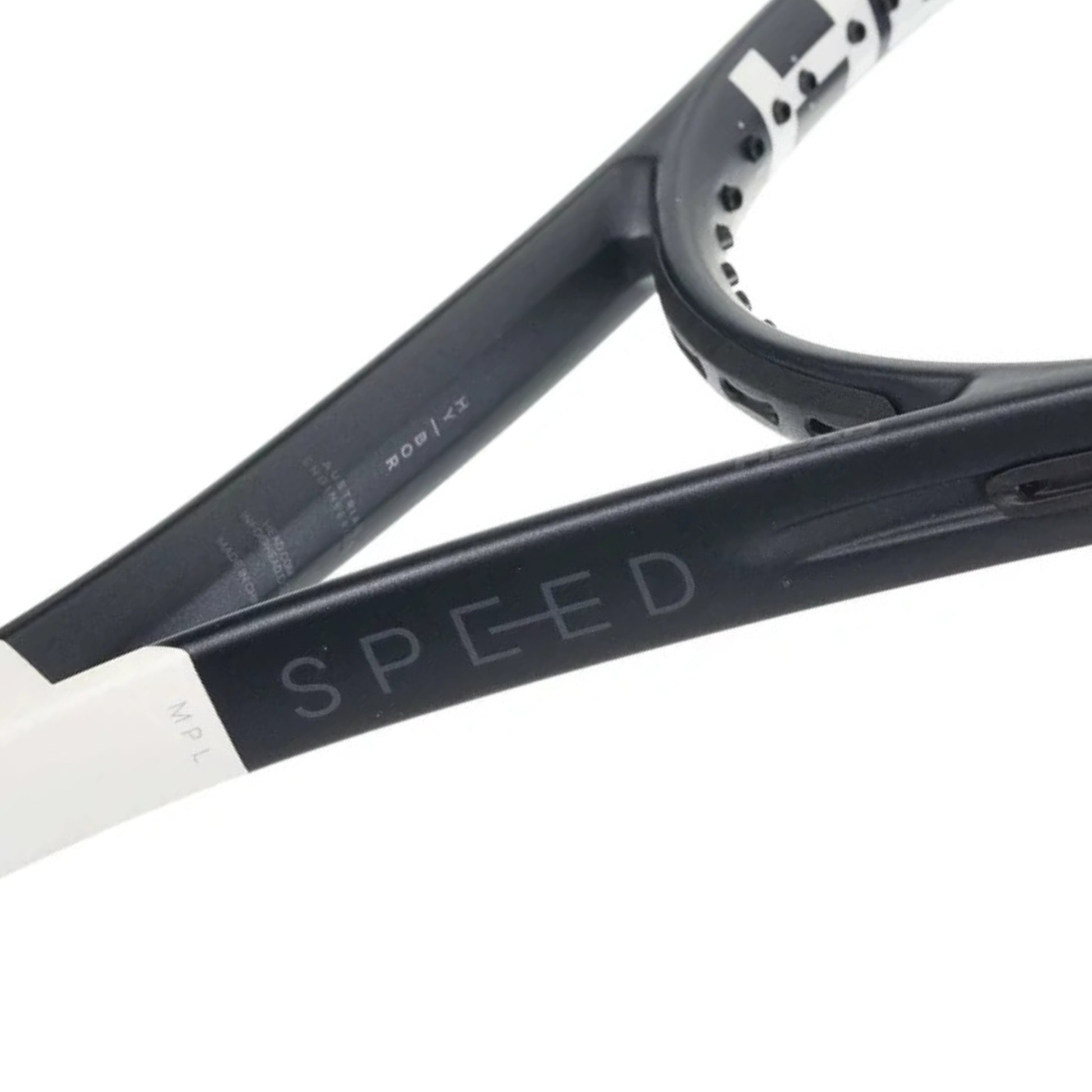 Close-up of a tennis racket with 'SPEED' branding on a white background