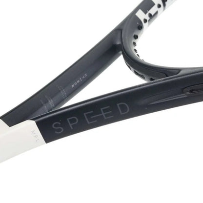 Close-up of a tennis racket with 'SPEED' branding on a white background
