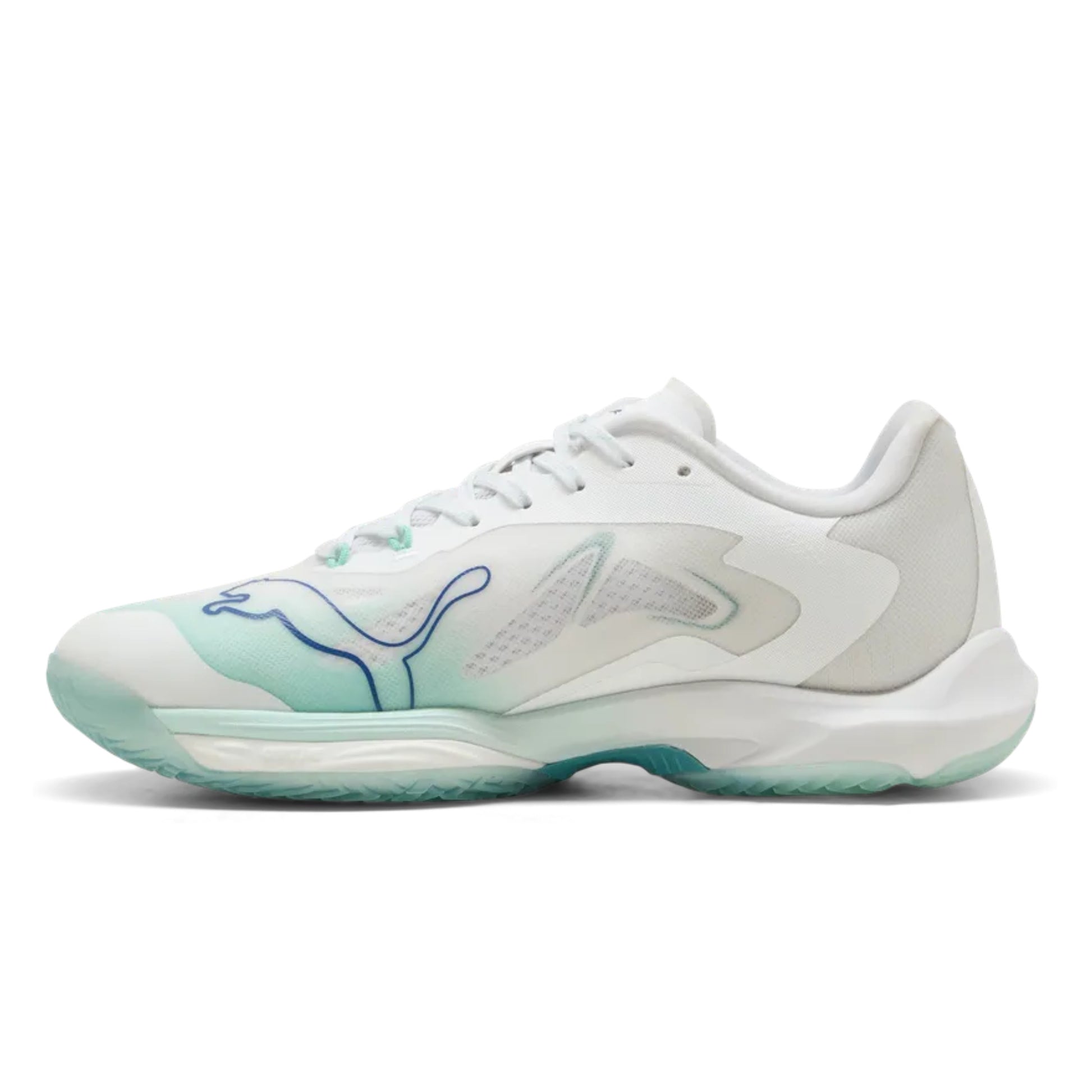 White and green netball shoe with a brand logo on a white background