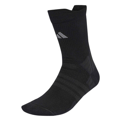 A single black athletic crew sock with a gray Adidas logo on the side, displayed on a clean white background.