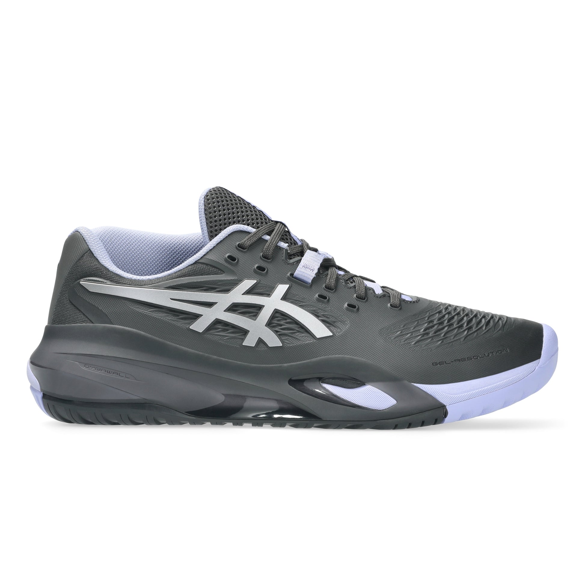 A dark gray and white Asics tennis shoe shown from the side against a plain white background.