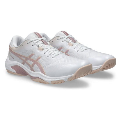 White and pink netball shoes on a white background