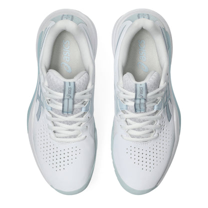 White and blue Asics shoes on a white background