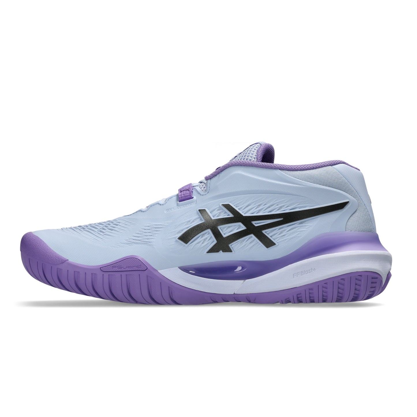 A single ASICS tennis shoe in light gray and purple with a black logo, shown in a side profile on a white background.