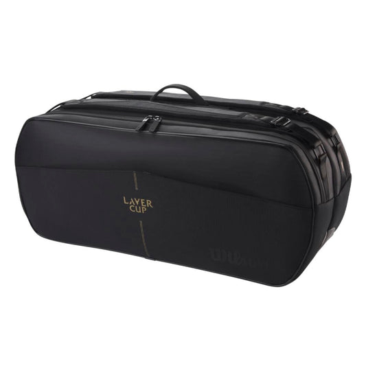 Black tennis bag with 'Layer Cup' branding on a white background