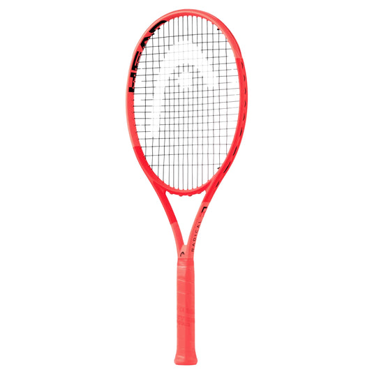 A orange Head badminton racket with white strings, shown vertically against a plain white background.