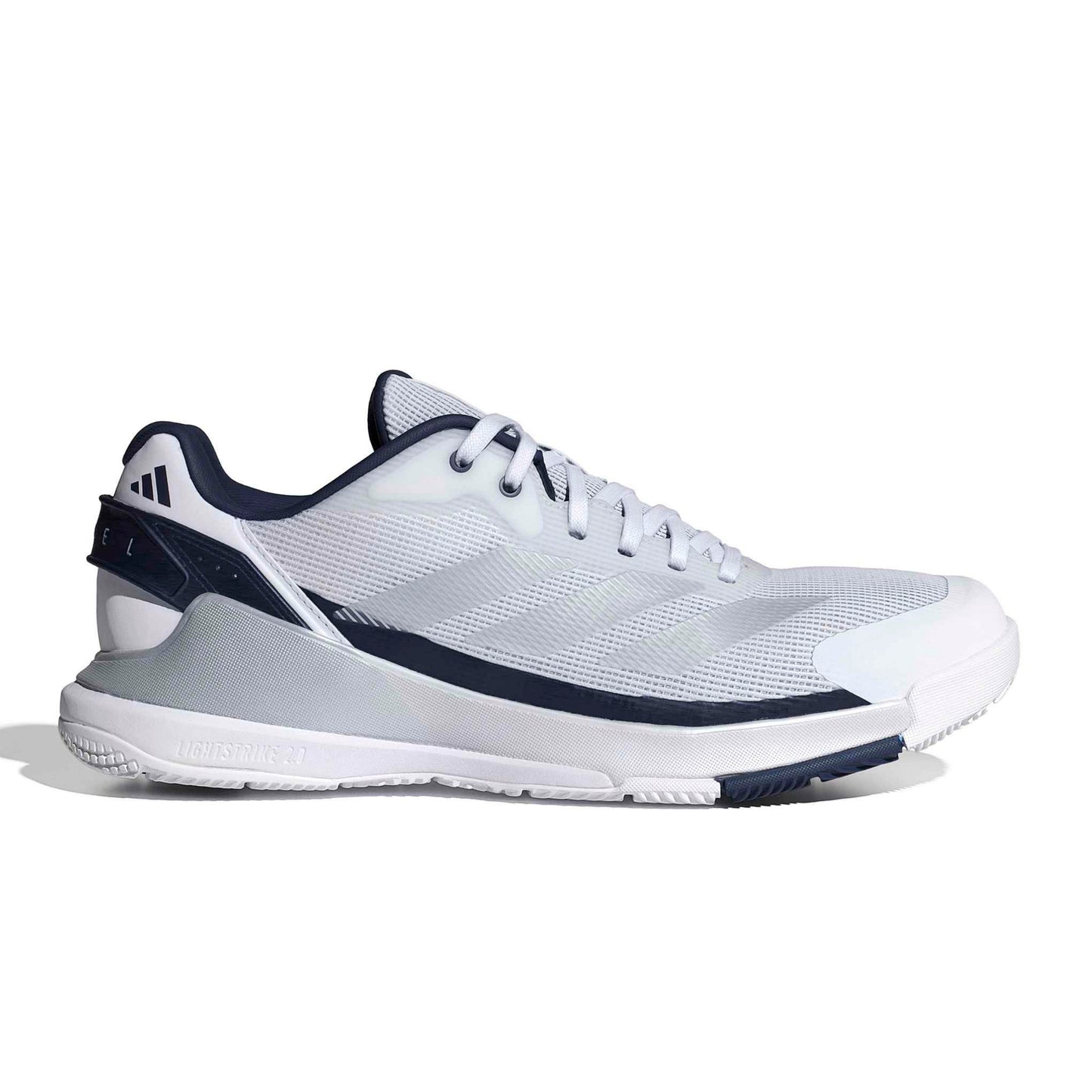 A white and navy blue Adidas padel shoe shown from the side profile on a clean white background.