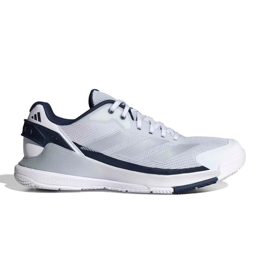 A white and navy blue Adidas padel shoe shown from the side profile on a clean white background.